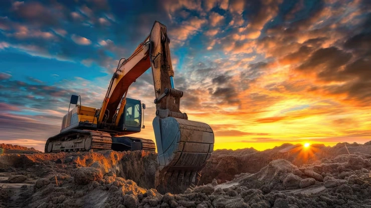 Escavadeira em terreno de obra ao pôr do sol — imagem de referência